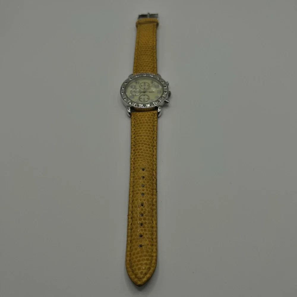 CG Women's Quartz Watch Rhinestone Bezel MOP Dial Plastic Band Needs New Battery